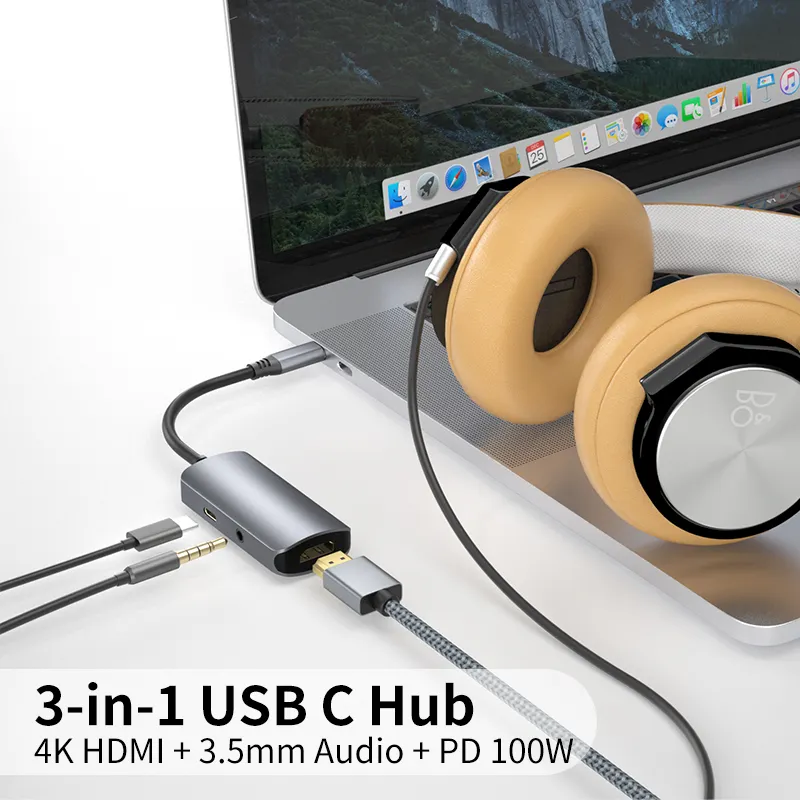 New Type C Hubs USB-C to HDMI 3 in 1 USB with 3.5mm Audio and PD 100W For Laptop Projector Live Broadcasts Use