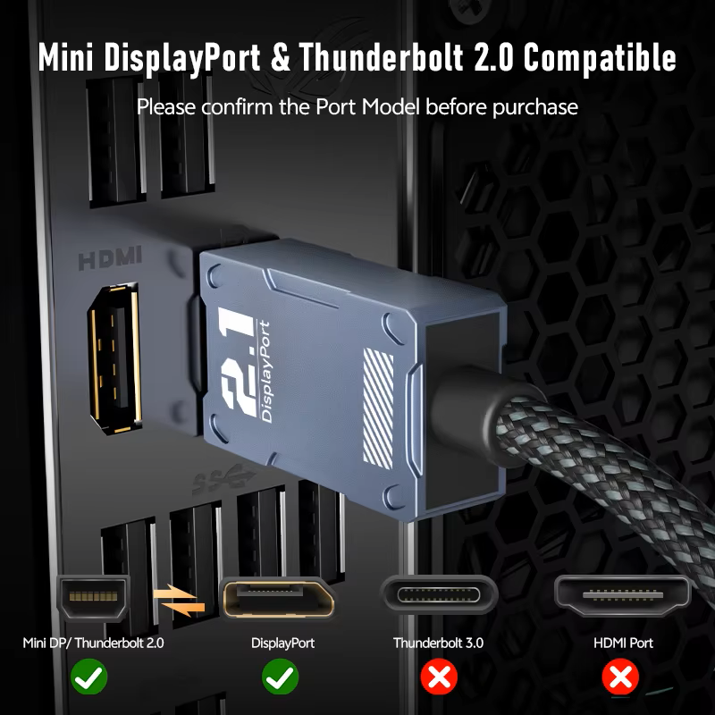16K Mini DisplayPort to DisplayPort 2.1 Cable 8K 120Hz 4K 240Hz 80Gbps Bi-Directional DP to Mini DP for Gaming Laptop MacBook