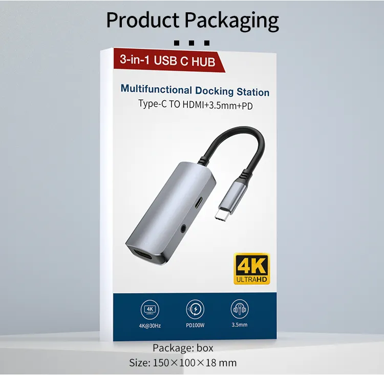New Type C Hubs USB-C to HDMI 3 in 1 USB with 3.5mm Audio and PD 100W For Laptop Projector Live Broadcasts Use