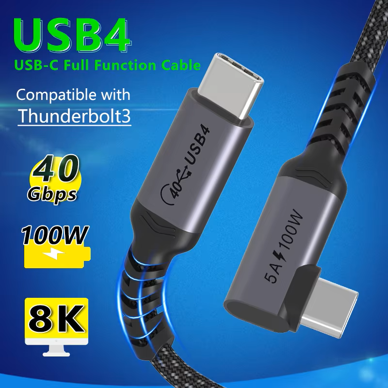 90 Degree Elbow Right Angle Male to Male USB4 Data Cable 40Gbps Compatible Thunderbolt 3 PD100W Nylon Braided Type C to C 5A Fast Charging Cable