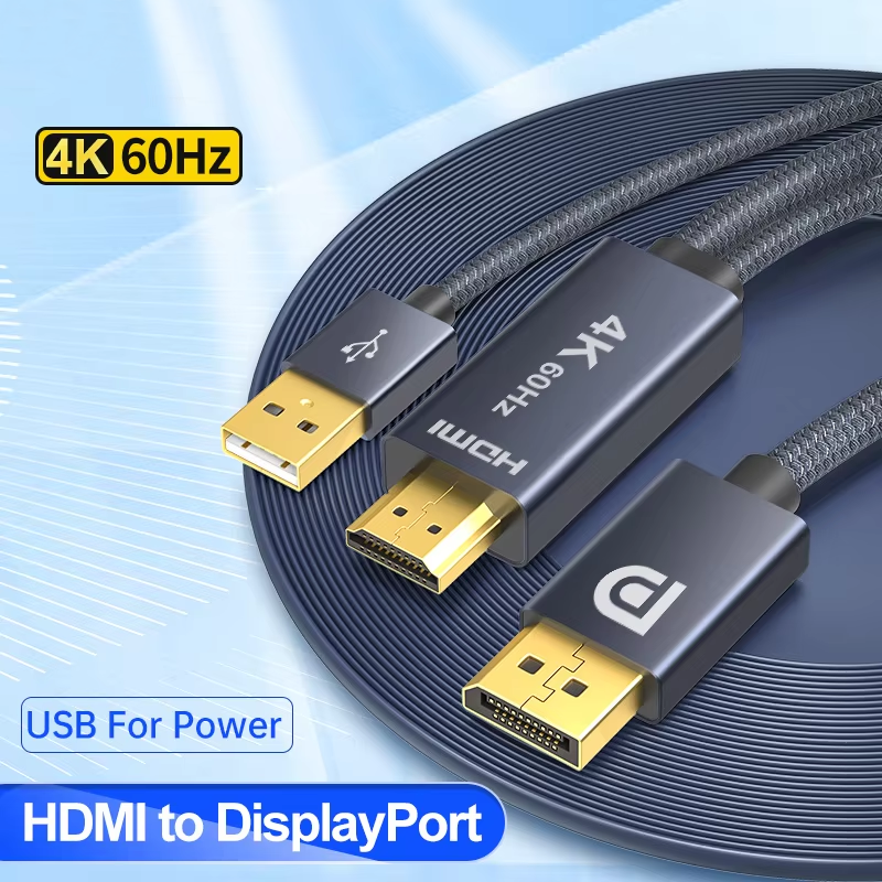 4K 60Hz HDMI to DP Cable HDMI To Display Port Converter with USB Power Port Audio Video Cord Unidirectional HDMI to DP1.2 Adapter Cable