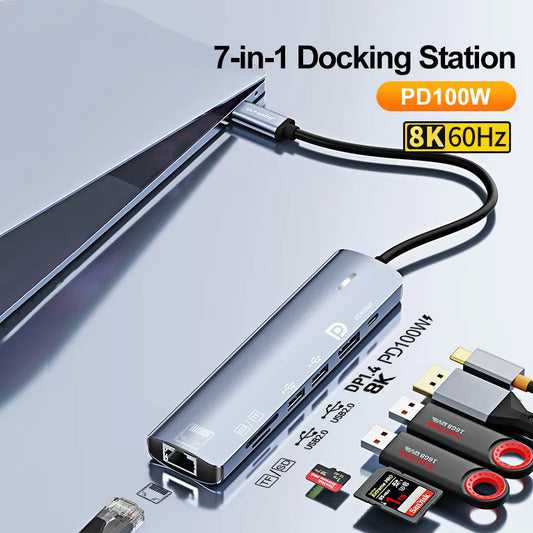 Type C HUB with Displayport, PD100W, Ethernet, 2 USB Ports, SD/TF Multiports 7-In-1 USB to DP Adapter Docking Station Dongle