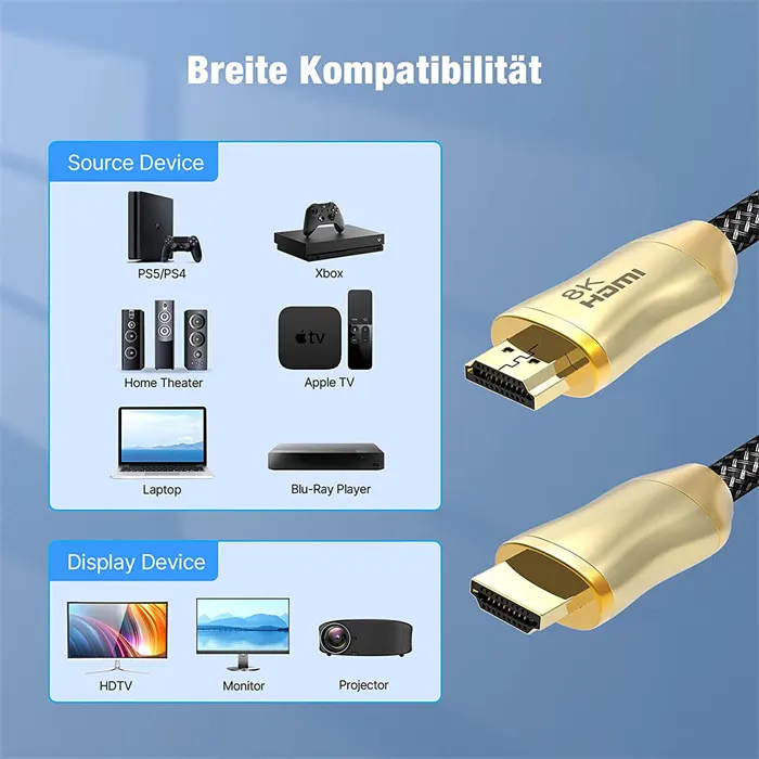 Male to Male Gold Plated Zinc Alloy HDMI 2.1 Cable 8K Ultra HD High Speed V2.1 Braided HDMI 2.1 Cable 8K 60hz 4K 120hz 0.5m to 15m