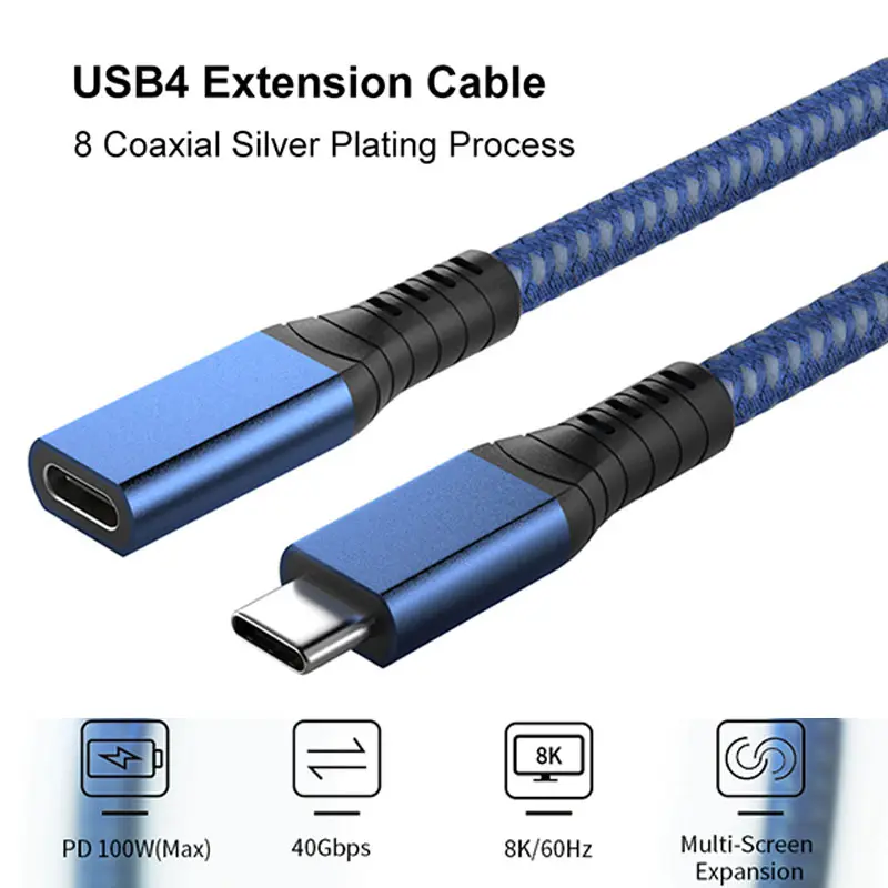 USB4 Extension Cable 0.2m 0.5m 0.8m Compatible Thunderbolt 3 Type-C M/F PD100W 5A 40Gbps Fast Charging Data Cable