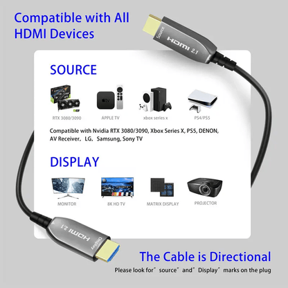 0.5m to 100m AOC HDTV 2.1 Cable Luxury Engineering Grade Optical Fiber Cable Male to Male cable HDMI2.1 48Gbps Stable 7680*4320@60Hz