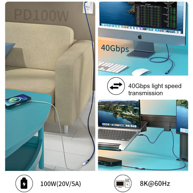 USB4 Extension Cable 0.2m 0.5m 0.8m Compatible Thunderbolt 3 Type-C M/F PD100W 5A 40Gbps Fast Charging Data Cable