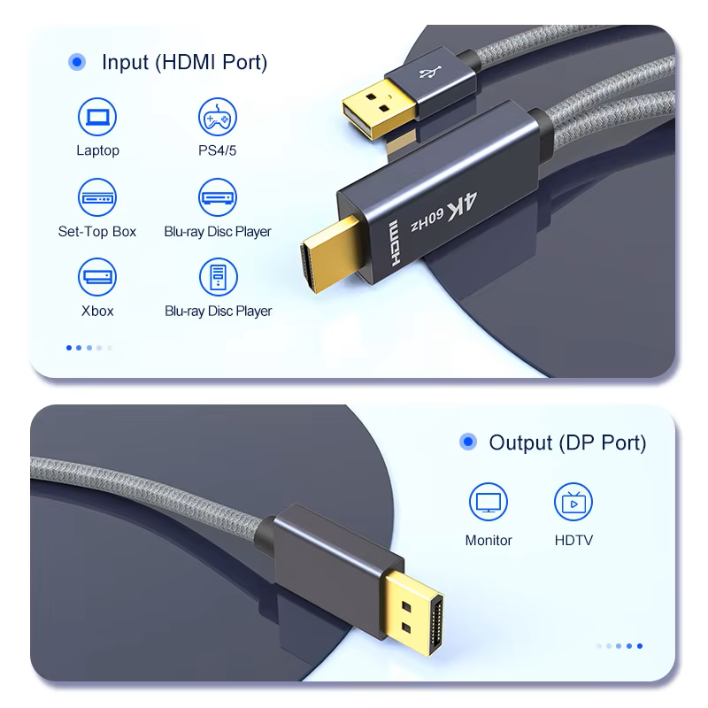 4K 60Hz HDMI to DP Cable HDMI To Display Port Converter with USB Power Port Audio Video Cord Unidirectional HDMI to DP1.2 Adapter Cable