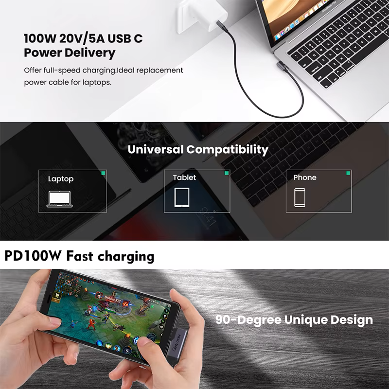 90 Degree Elbow Right Angle Male to Male USB4 Data Cable 40Gbps Compatible Thunderbolt 3 PD100W Nylon Braided Type C to C 5A Fast Charging Cable