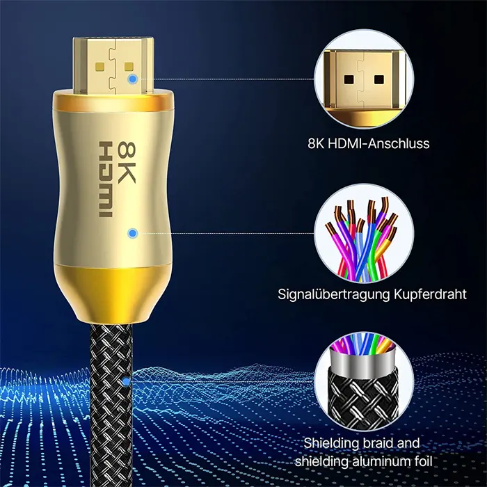 Male to Male Gold Plated Zinc Alloy HDMI 2.1 Cable 8K Ultra HD High Speed V2.1 Braided HDMI 2.1 Cable 8K 60hz 4K 120hz 0.5m to 15m