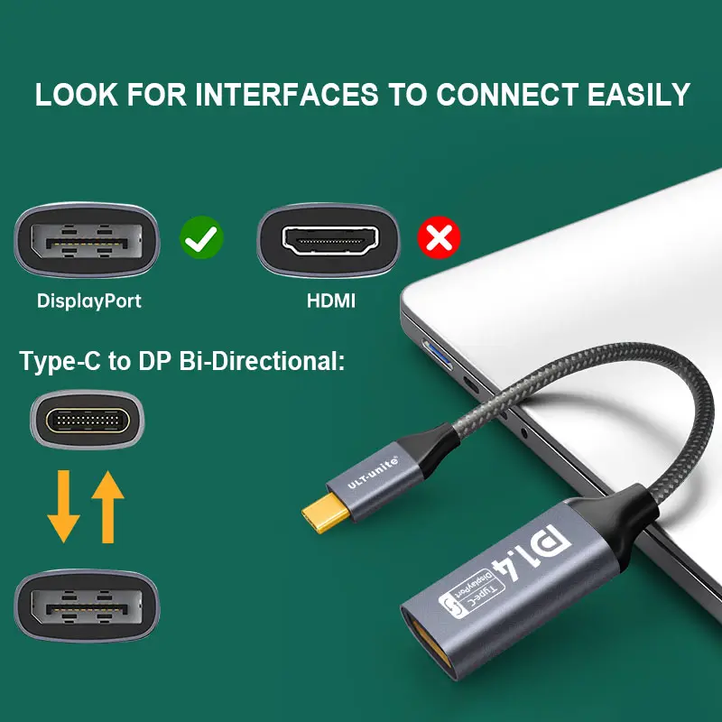 0.2m Bi-Directional USB Type-C Male to Display Port 1.4 Female 7680*4320 8K 60Hz Adapter Cable 20cm DP to USB-C Cable